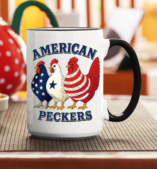 American Peckers 15oz Ceramic Coffee Mug – Funny Patriotic Chicken Mug - The Southern Yankee