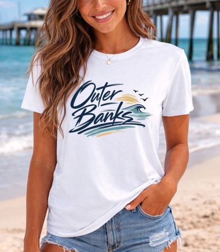 Outer Banks Script Wave Tee – Coastal North Carolina Beach Shirt - The Southern Yankee