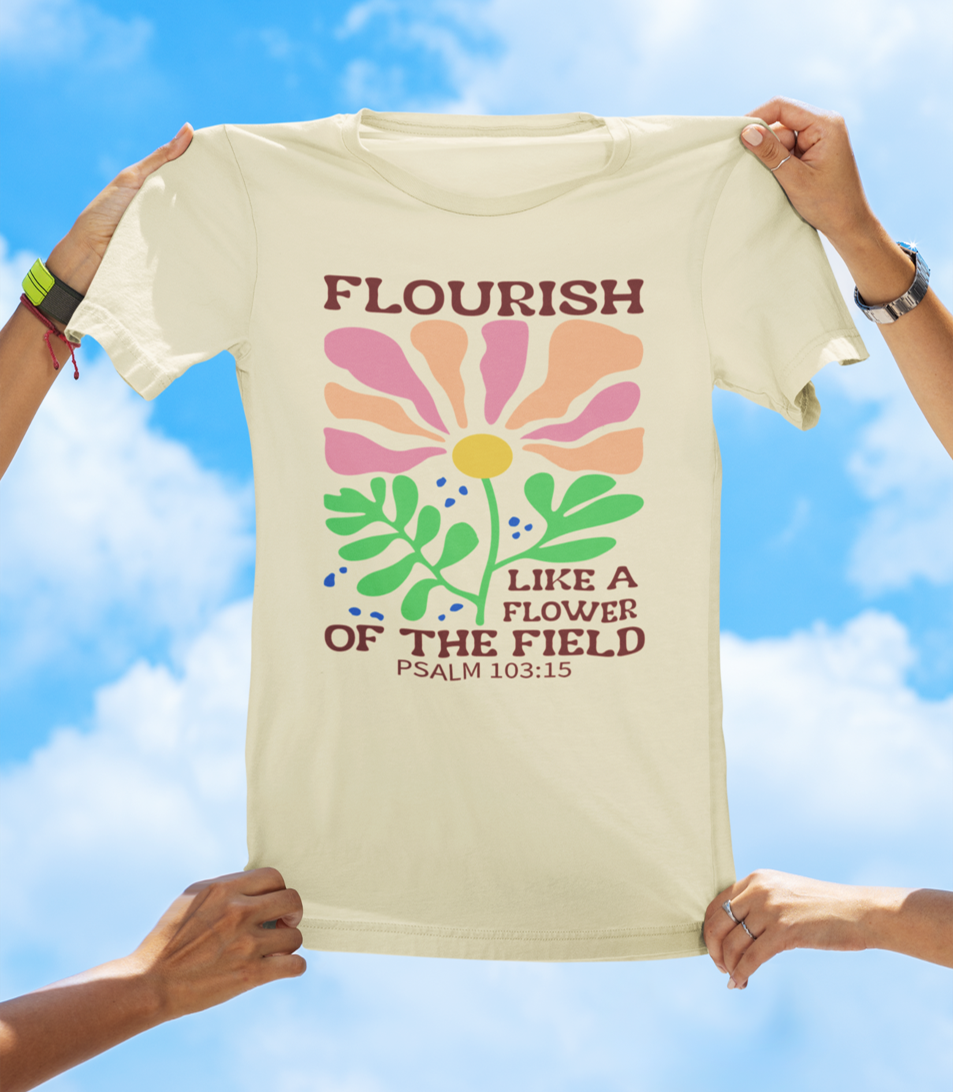 Flourish Like a Flower – Psalm 103:15 | BOHO Floral Faith Tee - The Southern Yankee