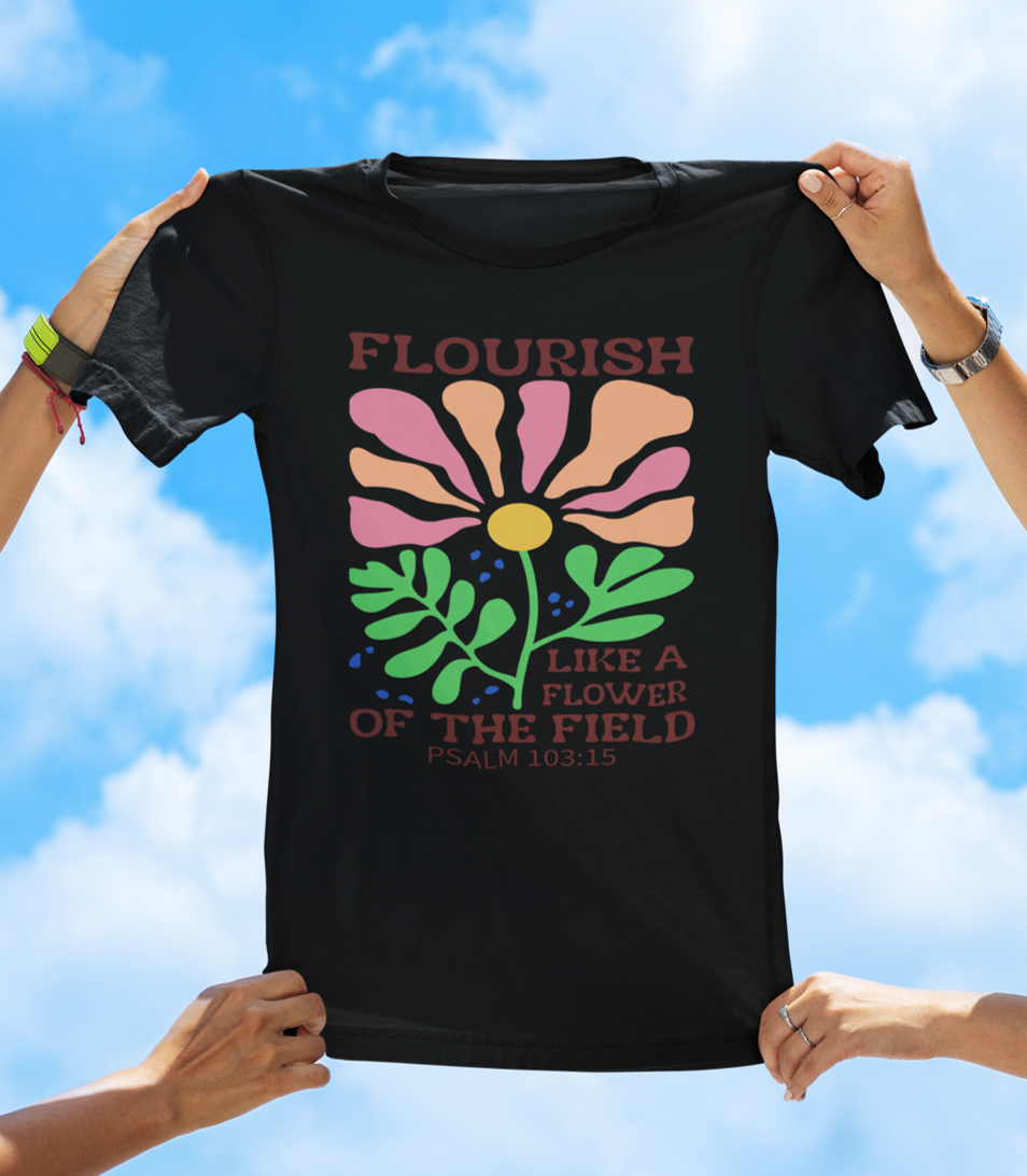Flourish Like a Flower – Psalm 103:15 | BOHO Floral Faith Tee - The Southern Yankee
