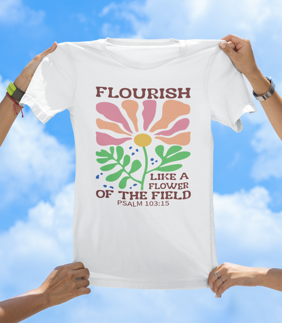 Flourish Like a Flower – Psalm 103:15 | BOHO Floral Faith Tee - The Southern Yankee