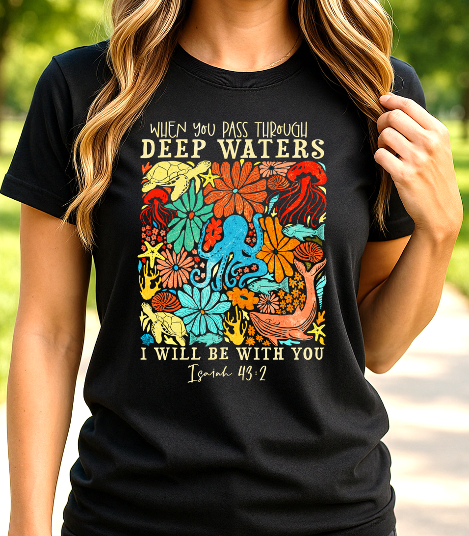 When You Pass Through Deep Waters Isaiah 43:2 Christian T-Shirt - Floral Faith T-Shirt - The Southern Yankee